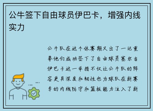 公牛签下自由球员伊巴卡,增强内线实力